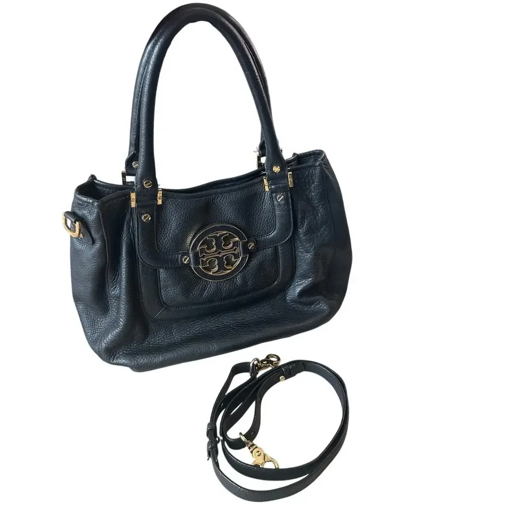 Tory Burch Amanda Slouchy Hobo Black Pebbled Leather‎ Gold Logo